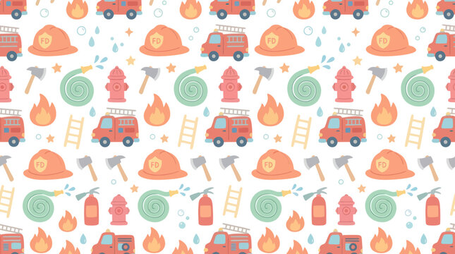 Cute Firefighter Pattern - Fire Truck, Helmet, Hose, Axe, Fire