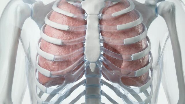 Detailed 3D transparent human body with futuristic interface scanning lungs, on white background, loop-ready animation, medical technology concept, 4K video