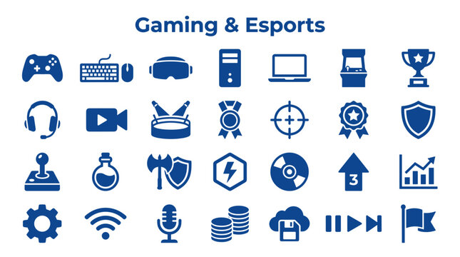 Collection of blue gaming and esports icons representing various aspects of digital entertainment and competition on a white background