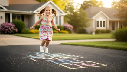 Naklejka premium Happy little girl playing hopscotch on a suburban driveway during sunset, representing a carefree childhood and outdoor activity concept in a sunny neighborhood