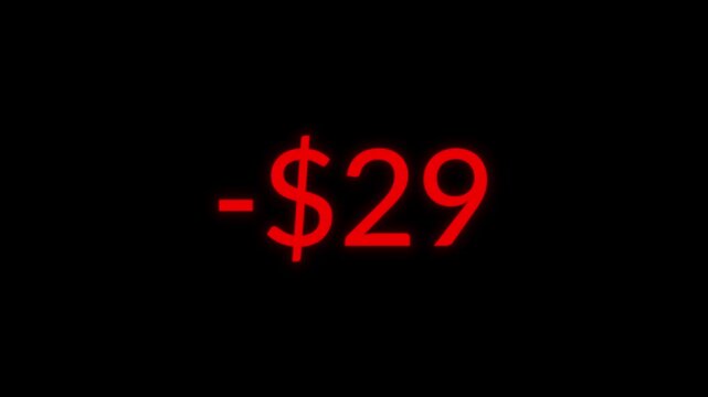 Financial ticker animation with a fluctuating dollar balance changing color between green and red on a black background