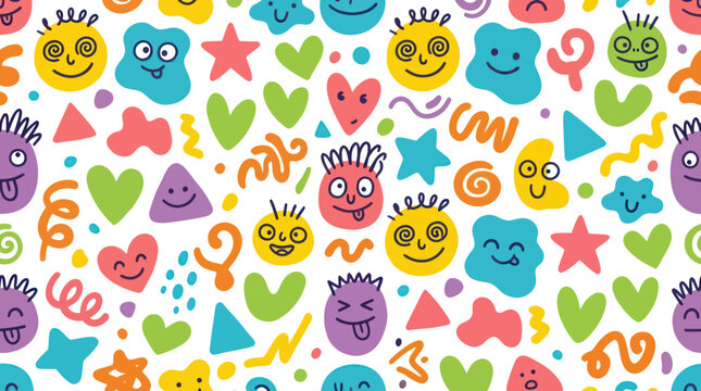 Cute Cartoon Monsters and Shapes Pattern, Kids Fun Art Style