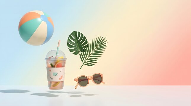 tropical summer smoothie with beach ball and sunglasses on pastel background