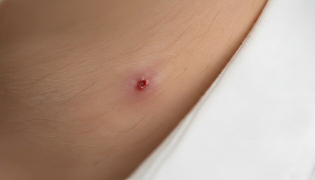 Macro shot of a red inflamed mosquito bite on neck skin with a central puncture mark for insect sting allergy and dermatology healthcare concept shown on a light background