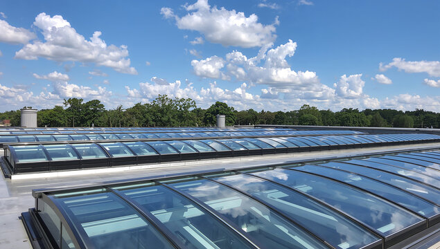 Modern architectural design featuring a series of curved glass skylights on a rooftop
