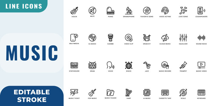 Music icon set. Editable Stroke Vector Set. Line Icon.