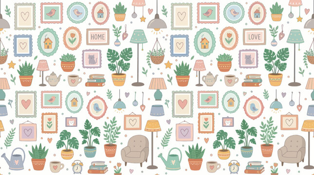 Hand-drawn Home Decor Elements Seamless Pattern. Cozy Interior Design with Plants, Frames, and Lamps. Pastel Doodle Illustration.