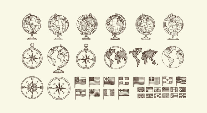 Vintage hand drawn globe compass map and flags icons set for navigation and world travel design.