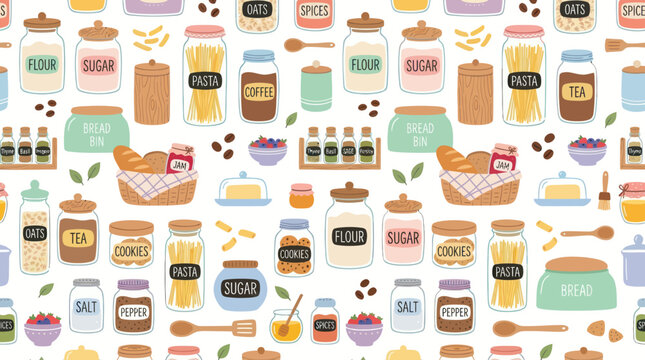 Hand-drawn Food and Kitchen Pantry Jars with Cooking Ingredients Seamless Pattern Vector Illustration