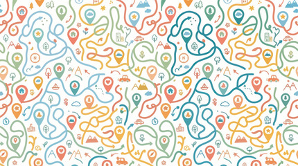 Fototapeta premium Seamless Travel Navigation Map Routes and Location Pins Flat Vector Pattern Illustration