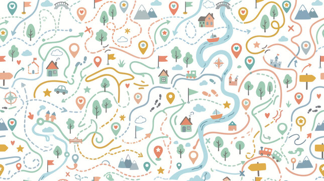 Cute Flat Vector Seamless Pattern: Kids Travel Map with Adventure Paths and Landmarks