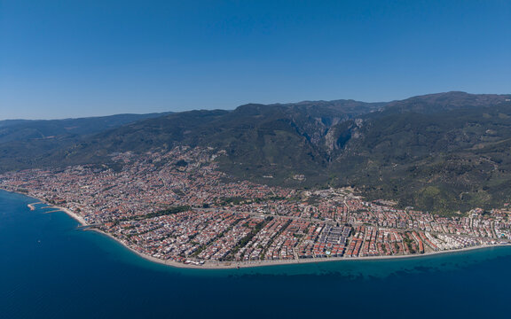 Aerial View of Altinoluk Coast with Aegean Sea and Kaz Mountains in Balikesir Turkey