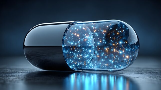 Futuristic medical capsule pill with glowing blue nanotech particles