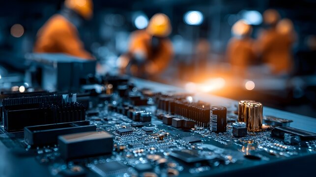 Electronic circuit board assembly with factory engineers in background