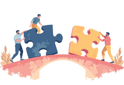 Teamwork bridge building puzzle concept