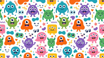 Naklejka premium Cute Cartoon Monsters Seamless Pattern - Flat Vector Illustration for Kids and Children's Fun
