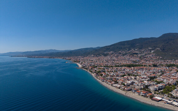 Aerial View of Altinoluk Coast with Aegean Sea and Kaz Mountains in Balikesir Turkey