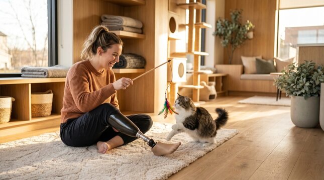 A cheerful young woman with a prosthetic leg sits on a rug in her modern living room, playing with a fluffy cat using a feather wand toy