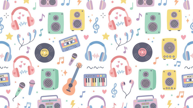 Cute Music Pattern, Headphones, Speakers, Cassettes, Vinyl, Keyboard, Guitar