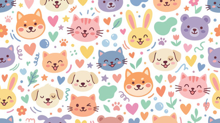 Fototapeta premium Cute Kawaii Animals Pattern: Dogs, Cats, Bears, Rabbits, Flat Vector