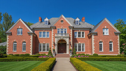 Obraz premium Grand brick mansion with manicured gardens and a clear blue sky