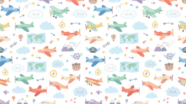 Cute airplane pattern, children's travel seamless background, cartoon art