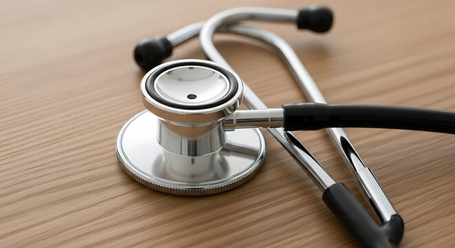 A professional silver and black stethoscope lying on a clean light-colored wooden surface.