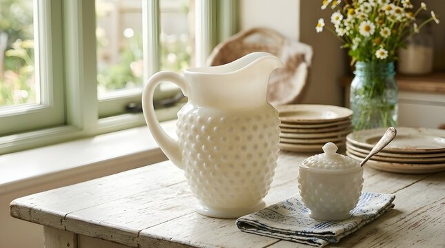 Vintage Hobnail Milk Glass Water Pitcher and Lidded Sugar Bowl on a Rustic White Wooden Table with Stacks of Plates and Wildflowers in a Country Kitchen Interior Natural Sunlight Decor
