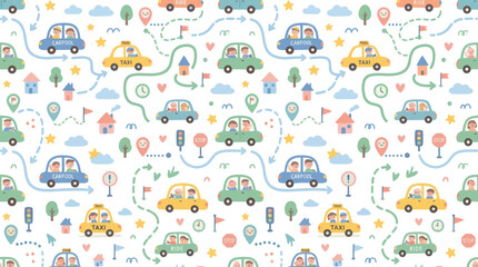Obraz premium Cute Flat Cartoon Cars and City Navigation Map Seamless Pattern for Kids Transportation