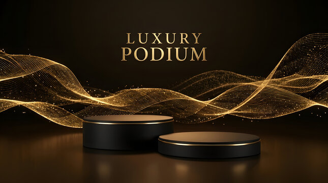Elegance in the Spotlight: Luxury podiums illuminated by golden light and a black background, a symbol of prestige and exclusivity, perfect for showcasing your premium products.