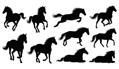 Fototapeta premium Black horse silhouette collection with galloping and jumping poses vector set