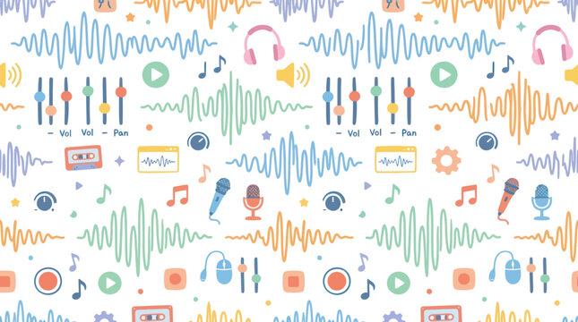 Seamless Pattern of Audio Waveforms, Music Icons, and DJ Controls in Flat Style