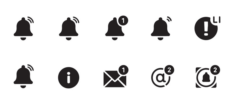 Graphic collection of various notification icons featuring bells envelopes and alert signs for system.