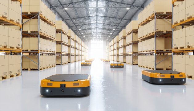 Autonomous Mobile Robots Carrying Shelves in Modern Warehouse