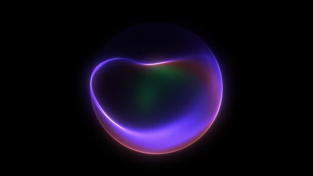 Glowing abstract blob shape with neon gradient light. Purple blue orb form with fluid waveform motion. Dynamic energy signal in dark space. Smooth seamless loop modern digital backdrop