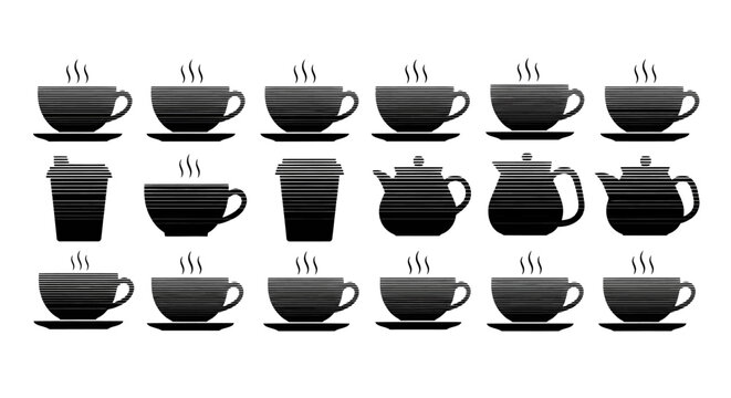 Coffee cups and tea pots set with steaming hot drinks and horizontal striped textures for cafe restaurant menus morning routine cozy atmosphere home decor ideas