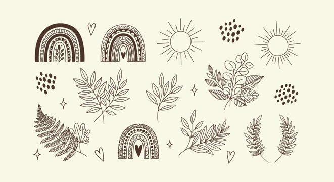 Boho Minimalist Floral Hand Drawn Elements Set with Sun Rainbow and Botanical Foliage Illustration