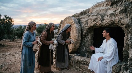 Obraz premium Three women visiting the empty tomb of Jesus Christ. Biblical scene depicting Mary Magdalene and two women finding an angel at the cave. Resurrection of Christ, Easter gospel story.