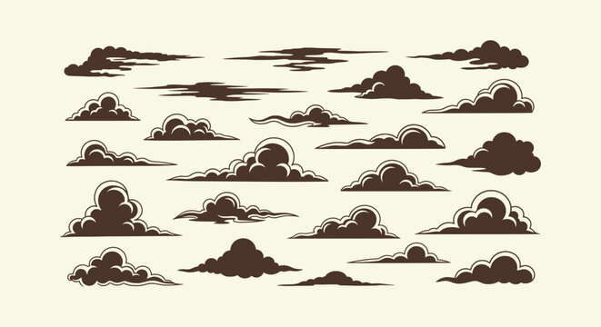 Hand Drawn Style Vintage Cloud Vector Set for Retro Graphic Design and Atmospheric Sky Illustrations