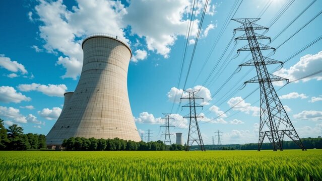 Nuclear Power Station and Electrical Pylons in Green Field for Energy Industry Concepts