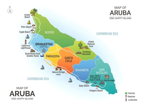 Illustrated Tourist Map of Aruba with Famous Landmarks and Beaches