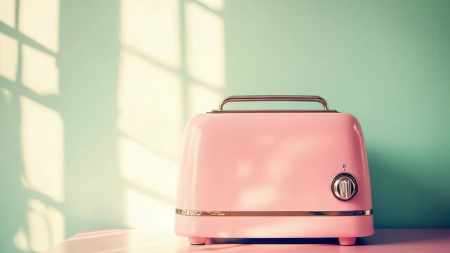 A pink toaster sits on a kitchen counter with sunlight casting patterns on the wall during the morning