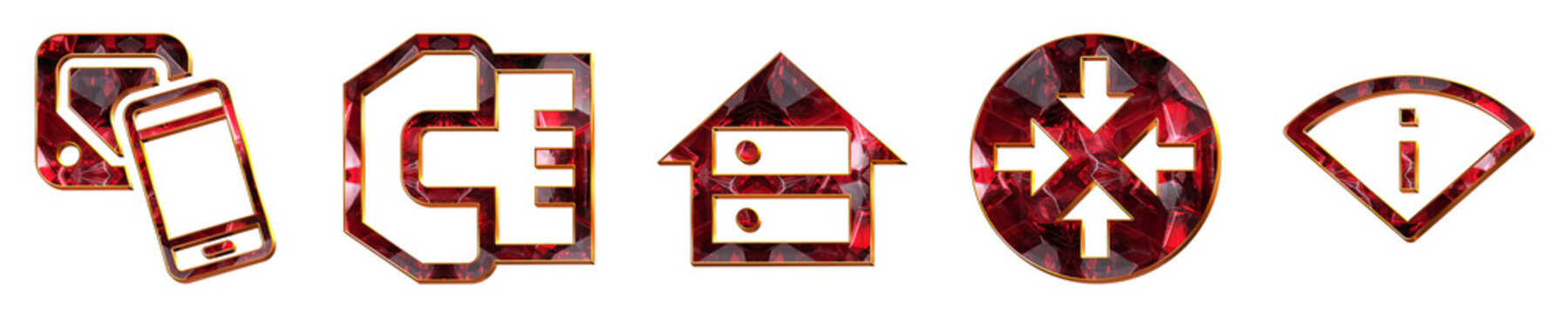 Metallic style 3D icons of nfc square tag, rj, root server, router, and scan wifi on transparent background. Network connection and digital technology. Vibrant illustration.