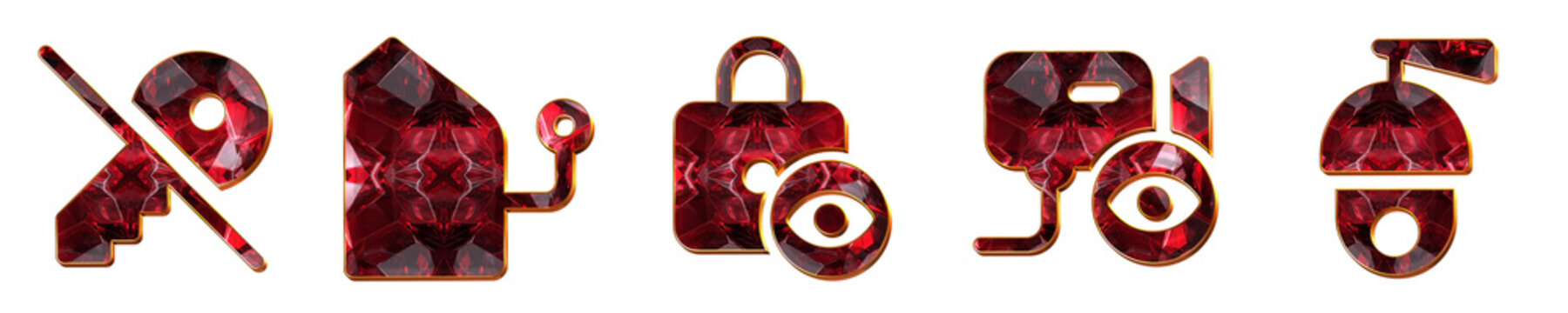 Set 3D hologram no key, outdoor camera, private lock, private wall mount camera, and ptz camera pictograms. Property protection icon collection and design. Glossy icon.