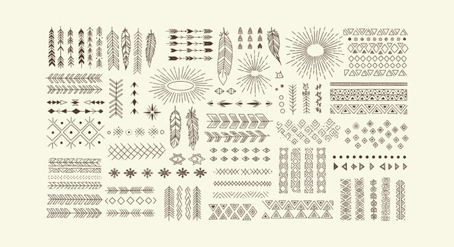 Tribal and bohemian hand drawn vector decorative elements set with arrows feathers and sunbursts.