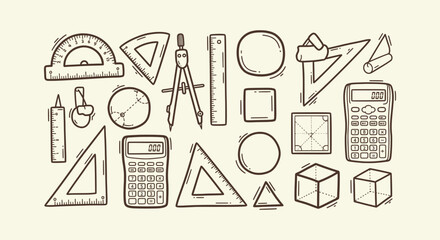 Obraz premium Hand Drawn Geometry and Math Tools Doodle Icon Set with Ruler Calculator Compass and Shapes Vector