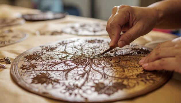 Artisan crafting decorative ceramic plate