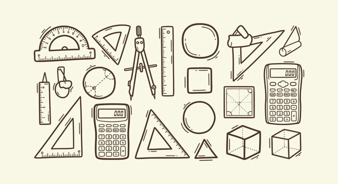 Hand Drawn Geometry and Math Tools Doodle Icon Set with Ruler Calculator Compass and Shapes Vector
