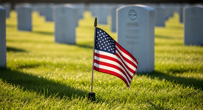 Single small american flag stands in green grass at peaceful military burial grounds.