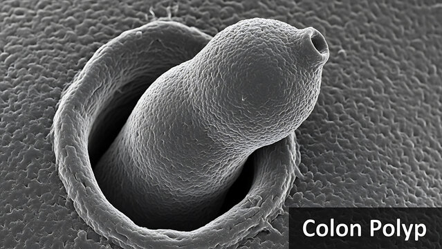 Scanning electron micrograph of a colon polyp protruding from the intestinal wall with a textured surface and narrow opening at the top  medical research concept